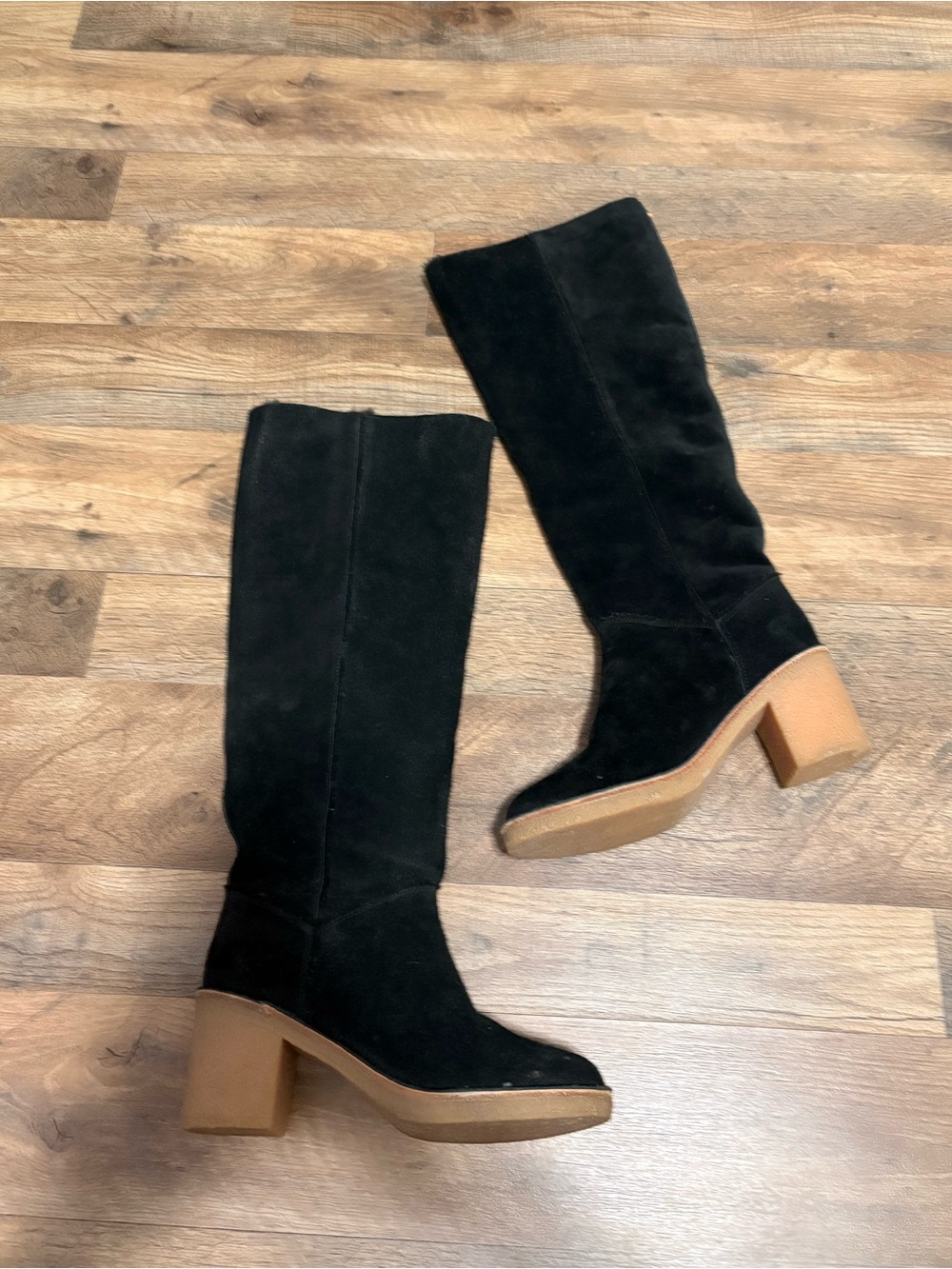 UGG Black Suede Knee-High Block Heel Boots with Tan Heel